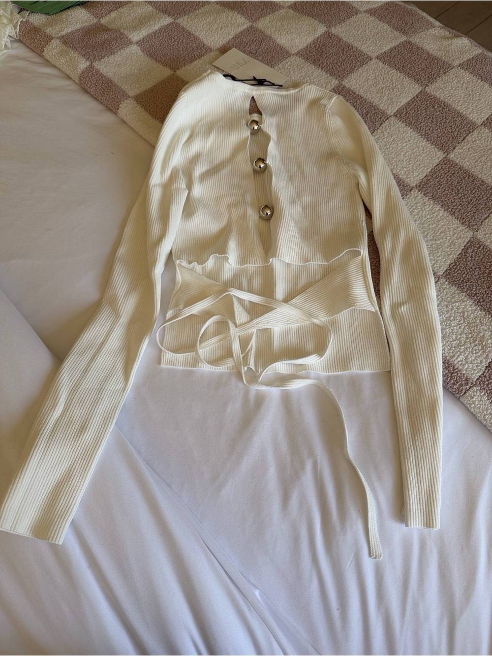 Zara Cream Ribbed Long Sleeve Top with Button Detail